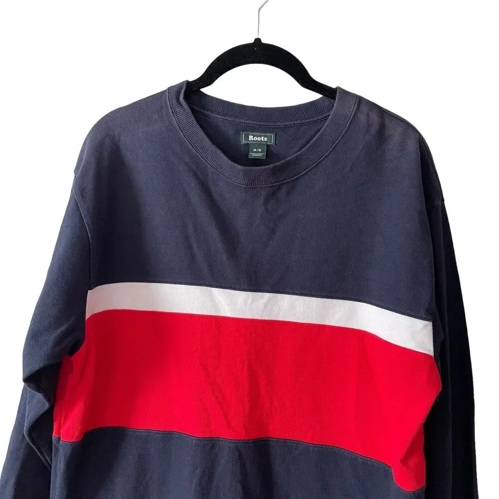 Roots Mens Medium Crewneck Sweatshirt Pullover Navy Blue Red White Colorblock